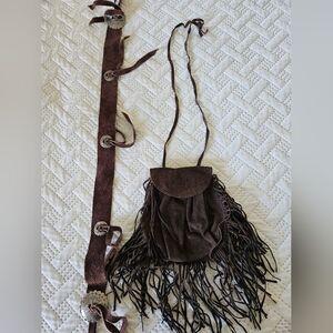 Vintage Handmade Leather Boho Cross body Purse and Belt Dark Brown Silver Decor